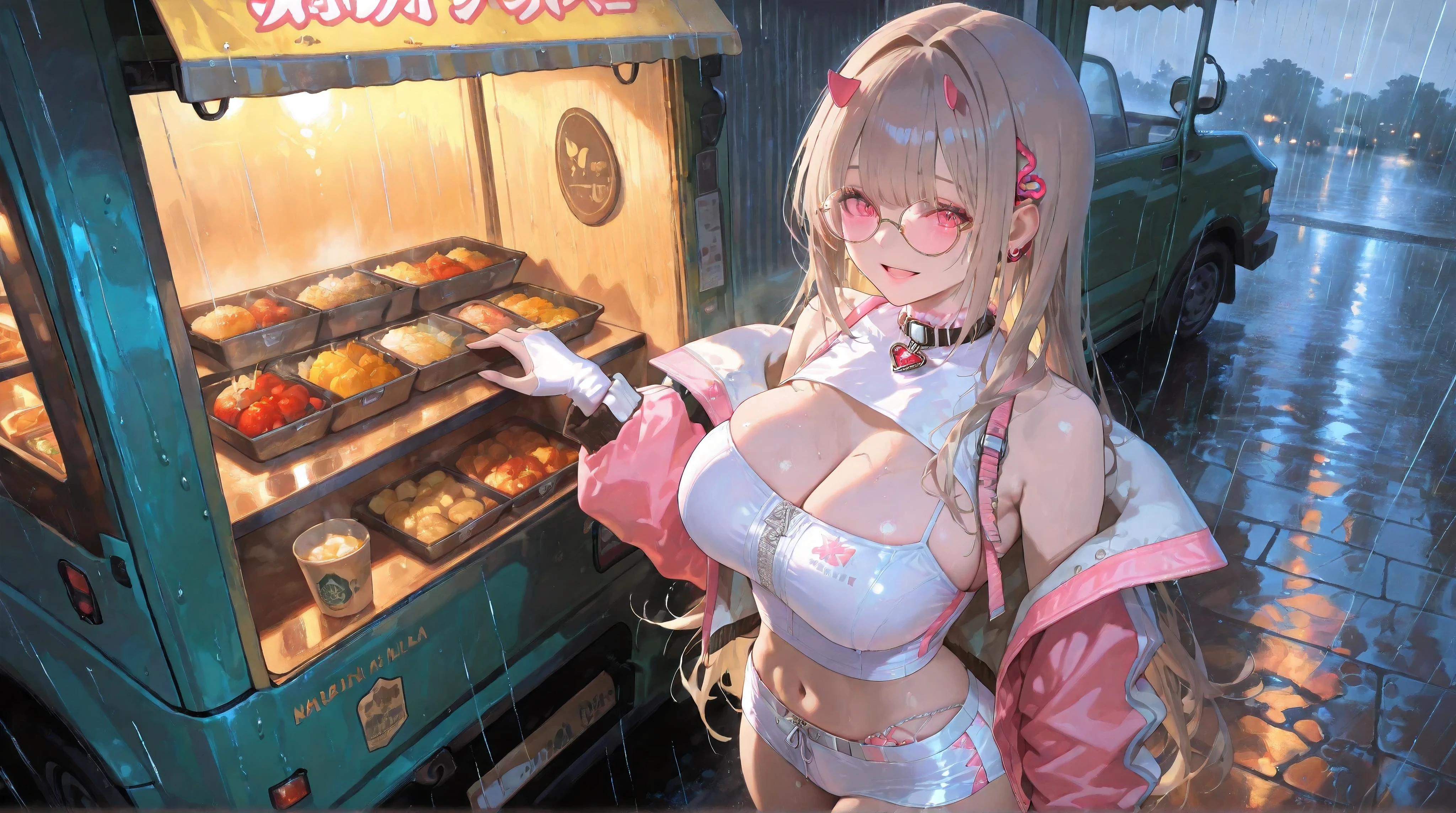 (NSFW:1.1), A Realistic image, extremely sharp focus, crisp details, high resolution, 4K, 8K. (correct anatomy and detailed hand). A wide angle shot, side view, a detailed, high quality rendering of Viper from NIKKE. She wears beautiful, detailed round eyeglasses, she wears a camisole, varsity jacket and shorts. She has a beautiful big breasts. She has a beautiful face details, a beautiful detailed pink eyes and a real human skin, her expression is happy and she looks at the viewer. She's standing in front of a food truck. Rain, autumn, dramatic cold soft light casting soft natural shadows, cold and warm color pallete. the background has highest detail, detailed background and depth of field.