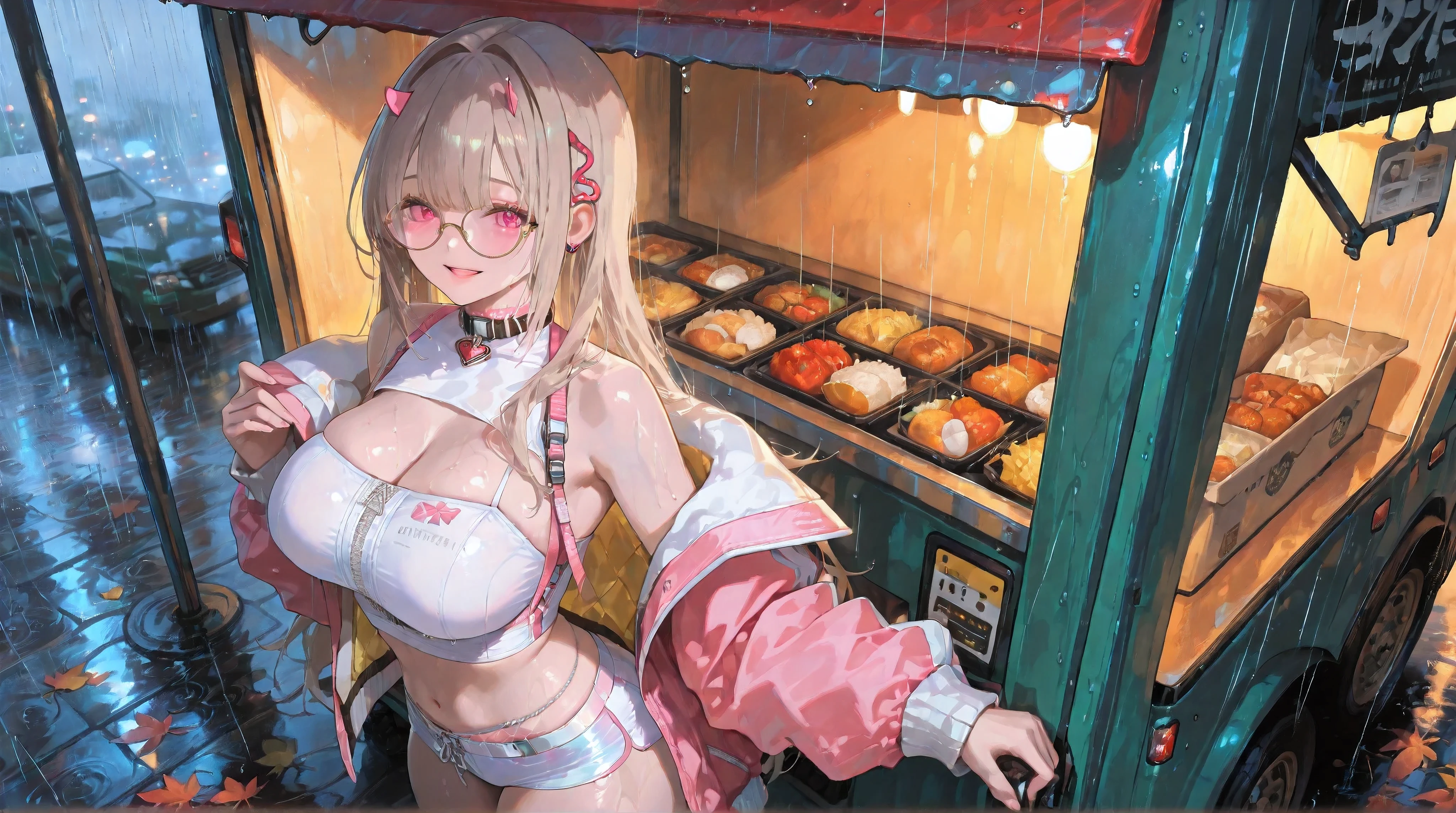 (NSFW:1.1), A Realistic image, extremely sharp focus, crisp details, high resolution, 4K, 8K. (correct anatomy and detailed hand). A wide angle shot, side view, a detailed, high quality rendering of Viper from NIKKE. She wears beautiful, detailed round eyeglasses, she wears a camisole, varsity jacket and shorts. She has a beautiful big breasts. She has a beautiful face details, a beautiful detailed pink eyes and a real human skin, her expression is happy and she looks at the viewer. She's standing in front of a food truck. Rain, autumn, dramatic cold soft light casting soft natural shadows, cold and warm color pallete. the background has highest detail, detailed background and depth of field.