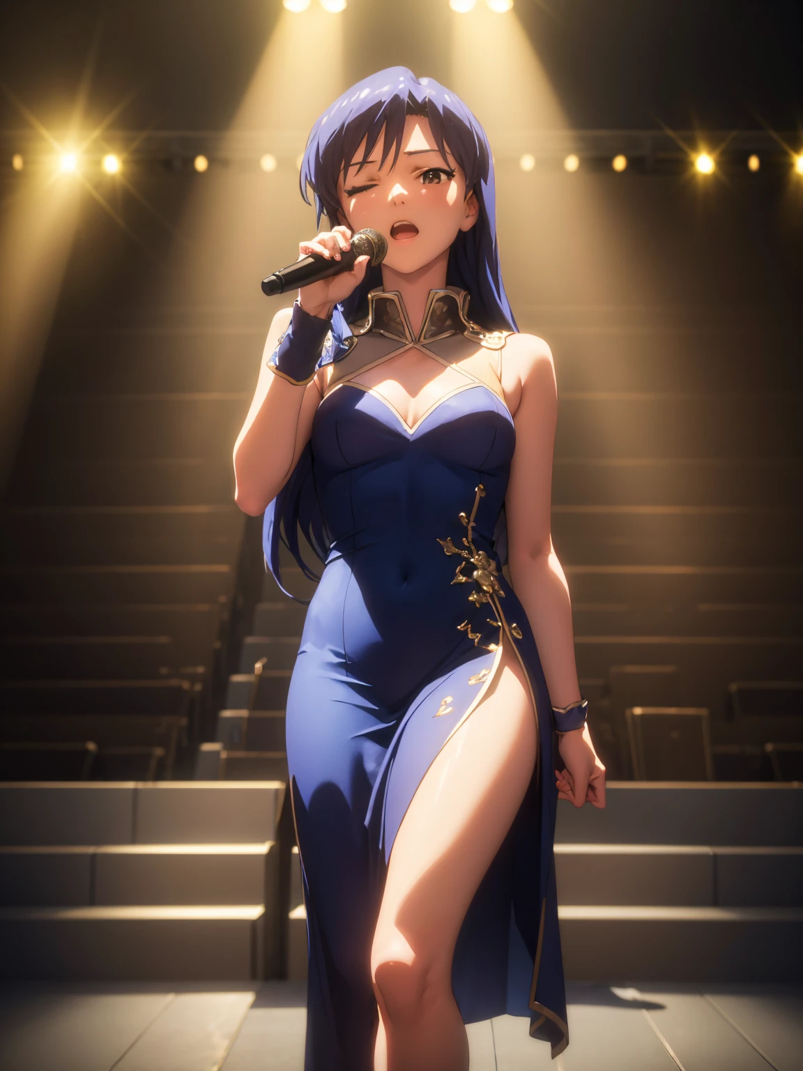 Twilight Sonata, A mulher, mediuml breasts, adulto, olhos violetas, bunda nua, corpo feminino, genitais femininos, em plena altura, Segura o microfone, quarto, Tela da TV, Sings karaoke, Dancing, Um grande sorriso, cabelos preto com uma mexa vermelha, rabo de cavalo