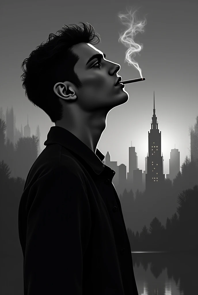 Full body drawing. tall dark, tattoo on the left side of the face, black clothes turtleneck t-shirt, smoking, in the center of São Paulo leaning against