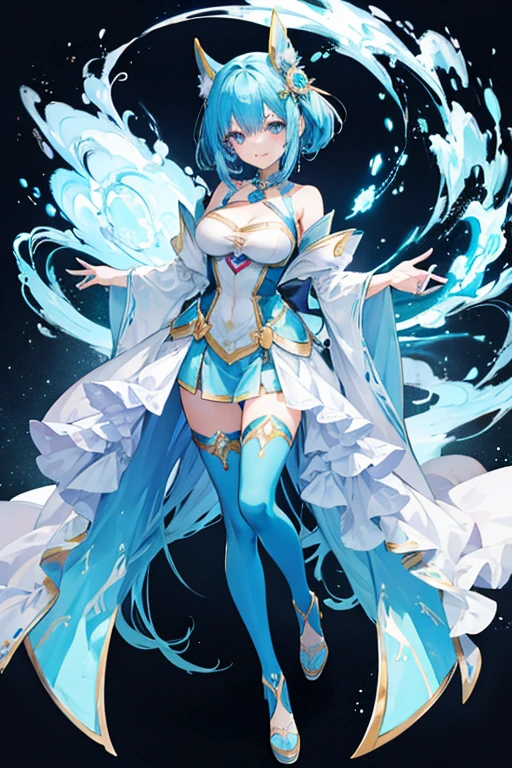 Water Goddes, clothes out of water, nsfw, slightly visible nipple and vagina, water spashing, blue hair, smiling happy, playfull pose, full body, fit body, medium breats