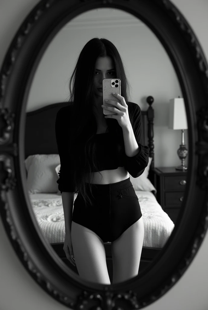 Girl 1 , long black hair perfect body, naked illuminated by the moon, in the bedroom , pose selfie, dark, I see I don't see , light dark , sexy pose, selfie , unrecognizable face