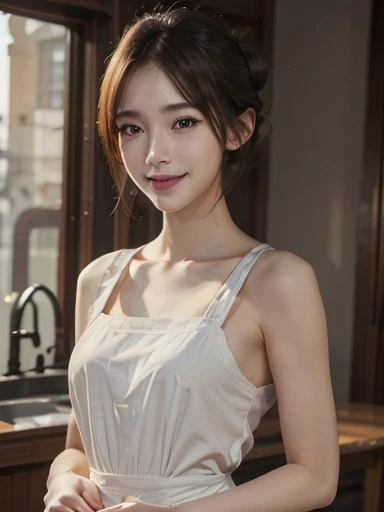 (((best quality))),(((ultra detailed))),(((masterpiece))),illustration,((1 beautiful young girl,solo)),((slim,thin)),((bare back,towering hips,butt crack)),(short ponytail:1.2),(laughing:1.2),stunning, radiant complexion, mesmerizing eyes,((sheer apron,bare arms,bare shoulder)),((gloves:1.3)),frilly, domesticity, playfulness, colorful patches, vegetables, cooking utensils, whimsical,delicate features, gentle smile, perfectly aligned teeth, contentment, warmth, friendliness, vibrant atmosphere, bustling,barbecue restaurant, wooden panels, hanging plants, cozy, earthy feel, scent of sizzling meats, spices, patrons, tables, meals, laughter, lively ambiance, gleaming wooden counter, checkout counter, assortment of bills, receipts, cash register, calm, collected, typing, precision, simplicity, joy, hard work, hospitality, culinary delights,((from back,upper body))