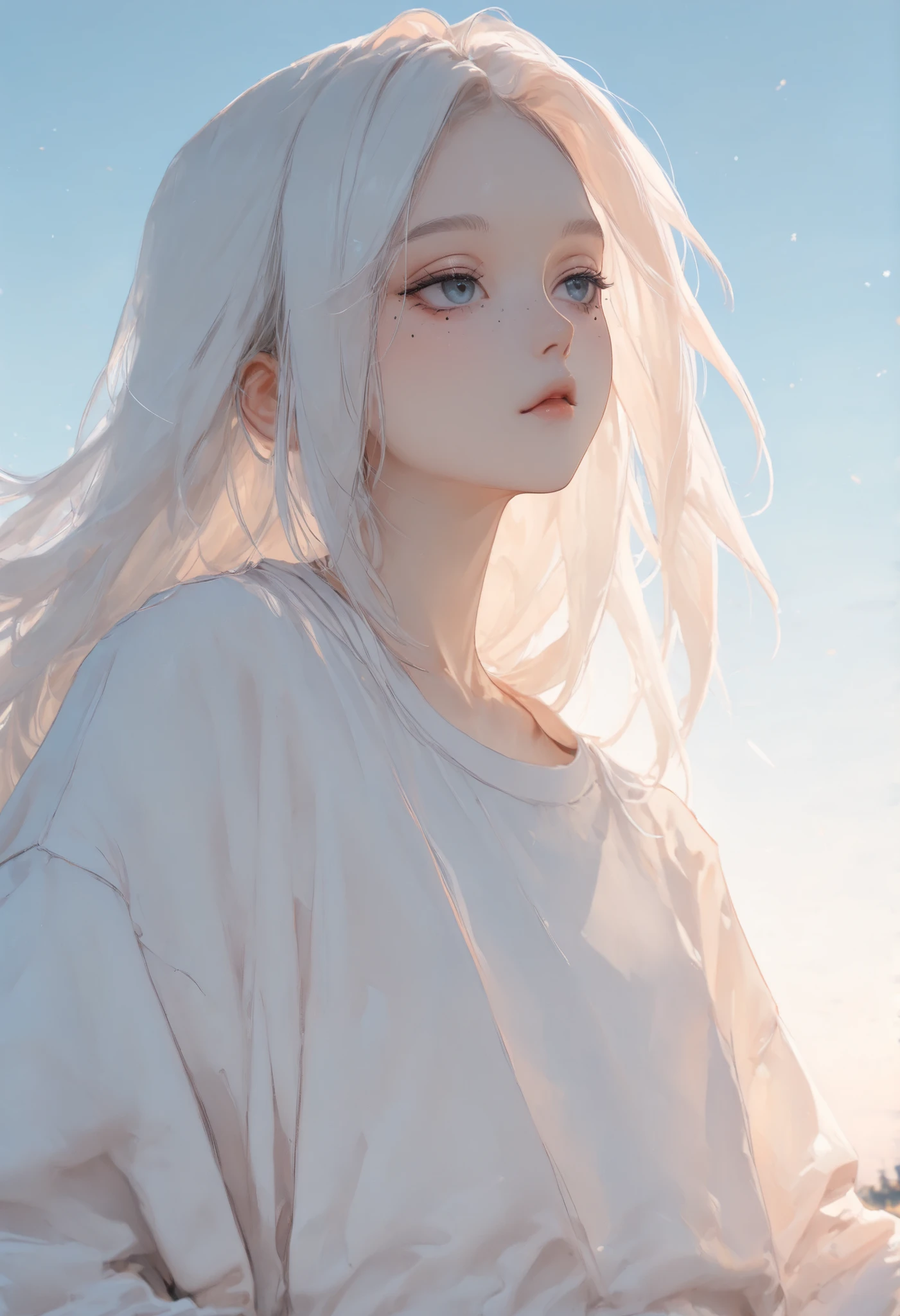 Close-up portrait, solo, 1 girl, ((very young girl, )), cute, beautiful, very long straight white hair, blue eyes, wearing comfortable clothes, shiny skin, small mole under her eye, outdoor background, pose for pictures, dynamic light, dynamic shadows, cold tone pictures, morning.