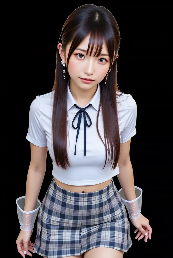best quality, ultra high res, (photorealistic:1.4), 1girl, vestia zeta, virtual youtuber, happy face, looking at viewer, hair ribbon, hair ornament, white shirt, mini black skirt, single thighhigh, thigh strap, realistic