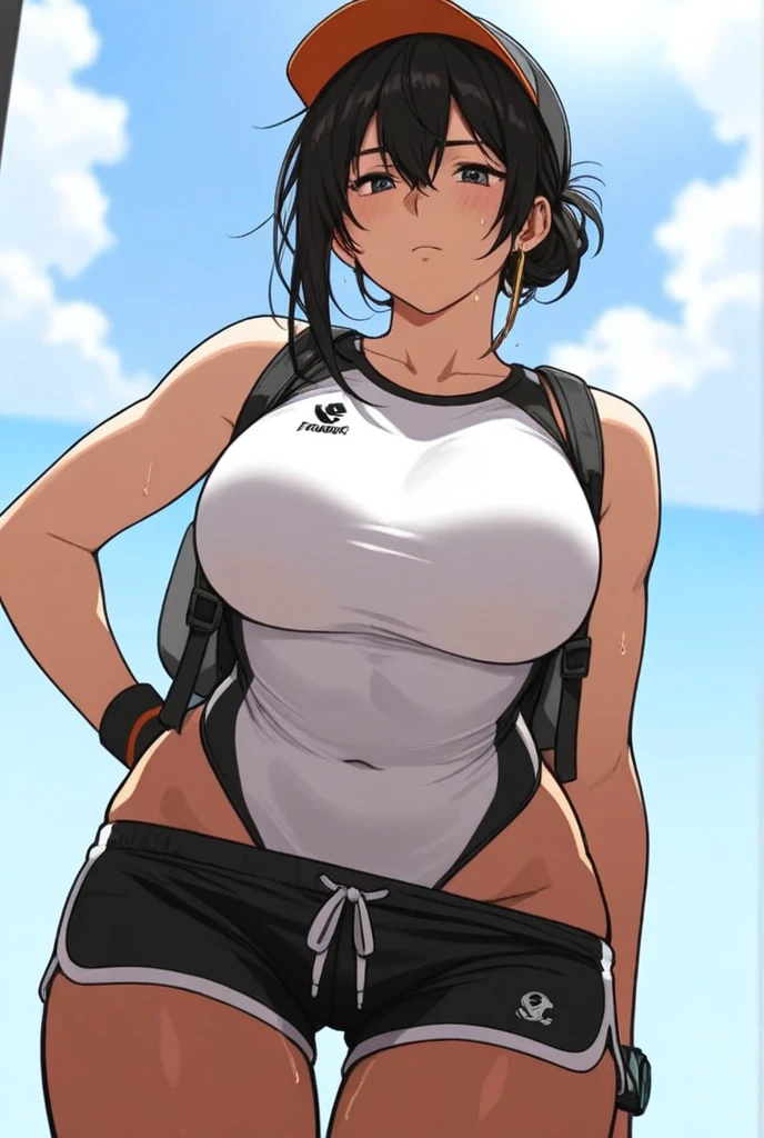 Big butt and busty girl with sports top with defined abs sweating , short black hair, green eyes , ropa negra, acariciando un niño que toca sus tetas