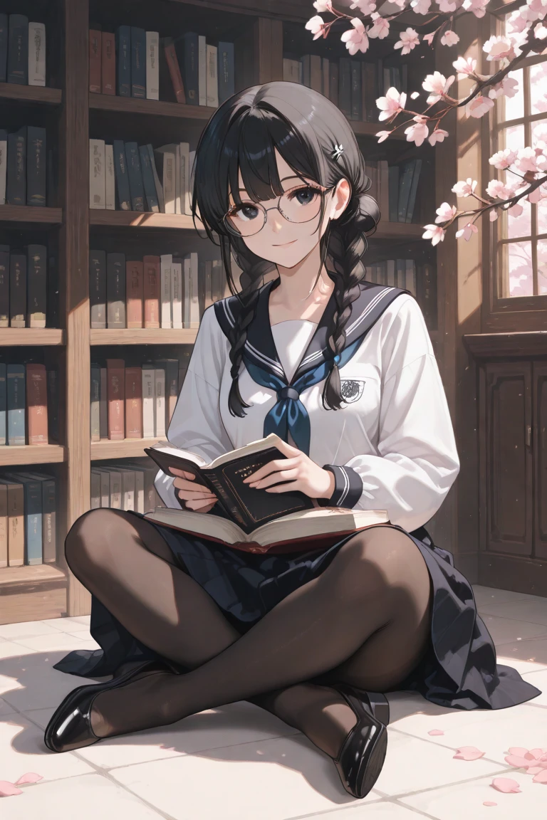 masterpiece, best quality, solo, 1girl, pov, indoors, sitting on a wooden chair, reading a book, library, <lora:Sakajo_Hikaru_v6-000055:0.5>, glasses, black hair, (single long braid:1.3), red eyes, medium breasts, thicc thighs, (very long hair:1.5), (black pantyhose:1.2), woolen sweater, off-shoulder, bra straps, scarf, black skirt, high heels, raincoat on top of chair, handbag, (shy, embarrassed:1.5)