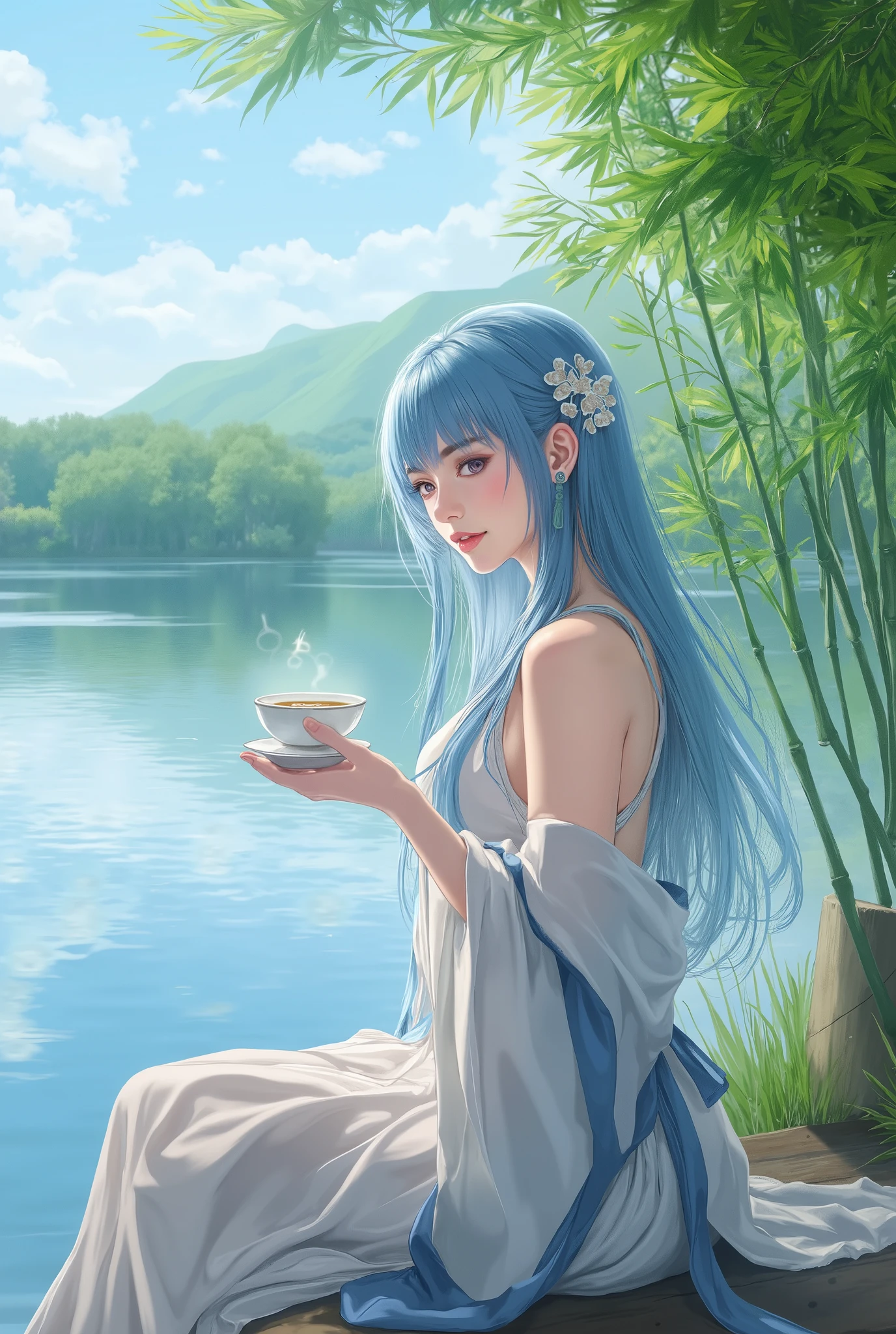 masterpiece, Highest Quality, Official Art, 8k Wallpaper, very well detailed, Illustrations, 1 girl on break day, sky blue hair, long hair, detailed eyes, bare shoulder, Hanfu, lake, pure, soft smile, bamboo, tea
