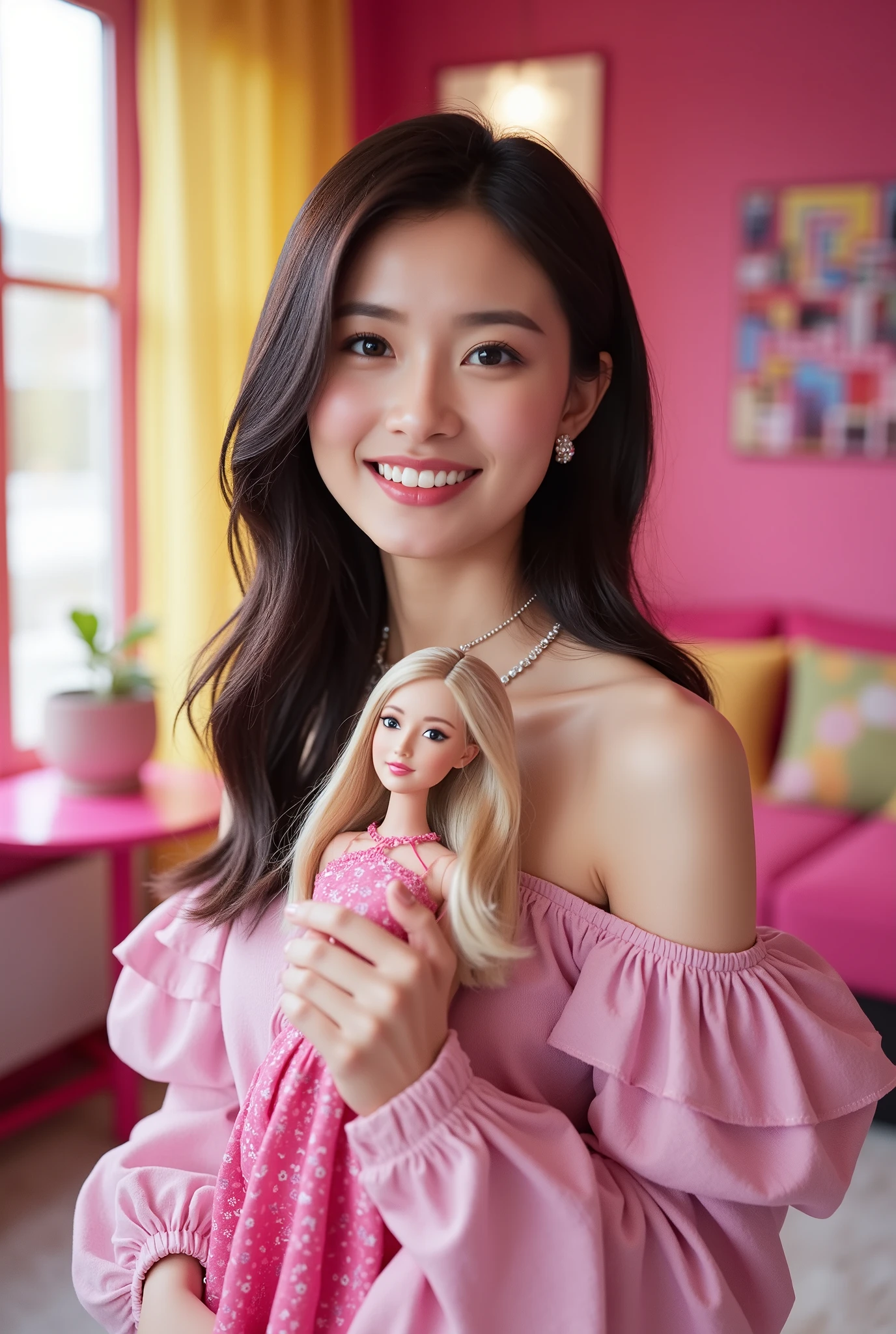 Create a realistic photograph of a young, beautiful woman with a slender figure and medium hair, dressed in Barbie fashion. She is smiling while holding a Barbie doll in a stylish, colorful room. The image should feature bright and vibrant colors, enhancing the cheerful and playful atmosphere.