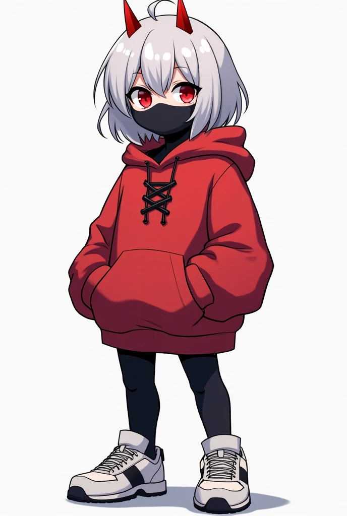 <lyco:style_ichini-10:1.0>, cowboy shot, solo, 1girl, pale skin, pointy ears, expressionless, looking at viewer, white hair, hood up, red eyes, jacket, cargo pants, simple background