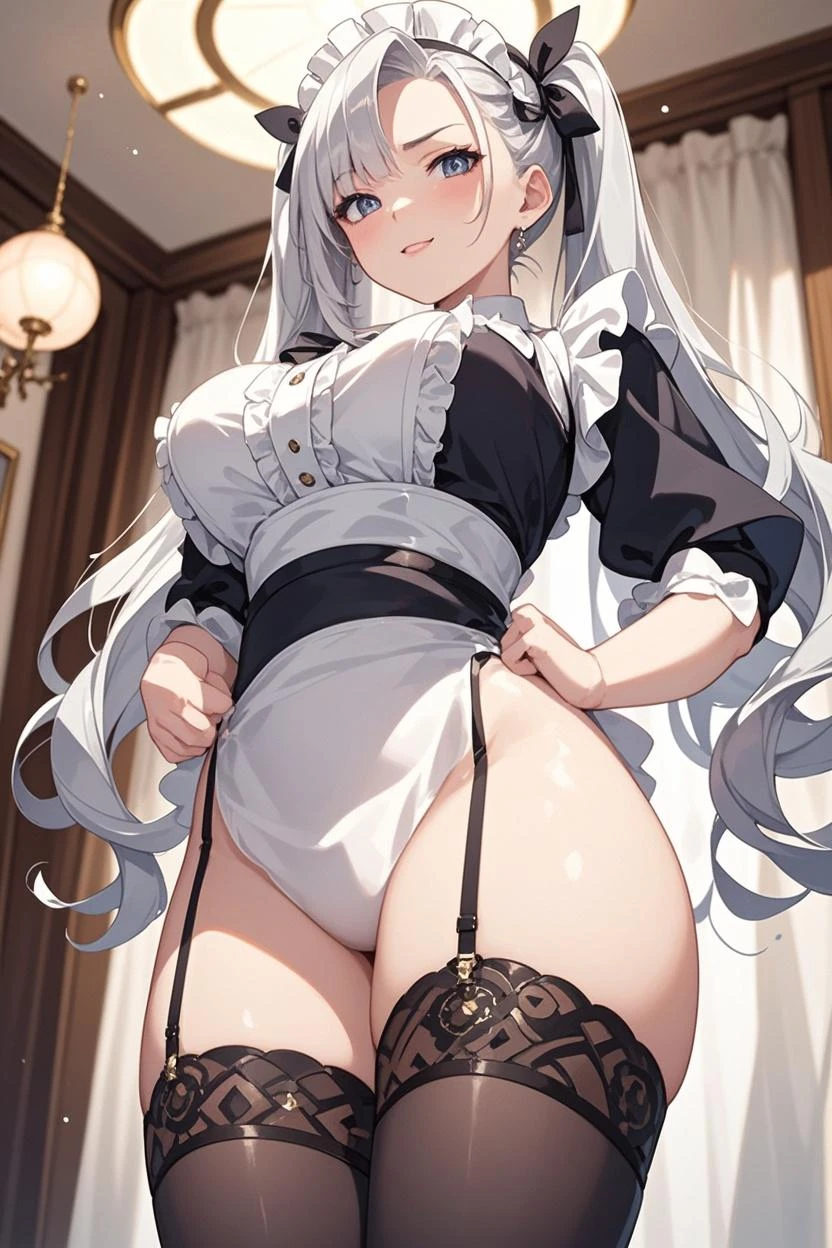 highest quality、masterpiece、((2 girls))、((smile:1.3))、(blush:1.3)、Black Shirt、blouse、((fun!!))、(Small breasts)、(Photo from below:1.5)、Blonde、()、((White apron:1.5))、((Maid))、((hair ornaments)),、Kamimei、look at me、 ((in house:1.5))、 Taking a break from watching the audience、Cowboy Shot、(Skirt lift:1.3),(Highly detailed white panties:1.3)、(Highly detailed panties:1.3)、、(スカート that rolls up:1.3)、(Panties fully exposed:1.5)、Light blue eyes、long hair、