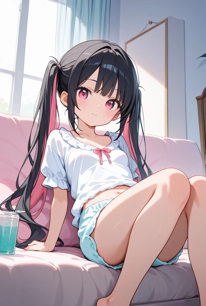 {{{masterpiece}}}, {{{highest quality}}}, {{super detailed}}, {NSFW}, {{very delicate and beautiful、 beautiful and fine eyes}},sit on the toilet、young、primary school student、cuteロリ、black hair、red eyes、medium hair、twin tails、small curve 1.2、cute 、Navel 1.2、((white lingerie))、toilet:1.4、embarrassing:1.5、blush、、from below:1.5、