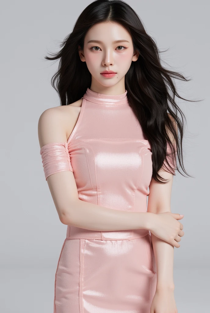 p1nkcl3arlat3x, best quality, masterpiece, illustration, realistic, photo-realistic, amazing, finely detail, incredibly absurdres, huge filesize, ultra-detailed, highres, extremely detailed CG unity 8k wallpaper, nsfw, A beautiful young woman with Korean facial features, upper body close-up, hands placed behind her back, wearing a pink transparent latex dress, the dress is as thin as a cicada's wing, outlining the curves of her body, faintly revealing the shape of her breasts and private parts, high heel boots, standing under a streetlight in a dark alleyway, with a subtle smile on her face.