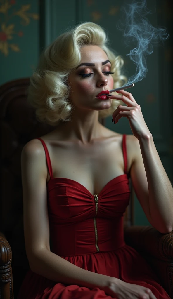 Marilyn Monroe wearing red dress，smoking cigar lay on the bed.