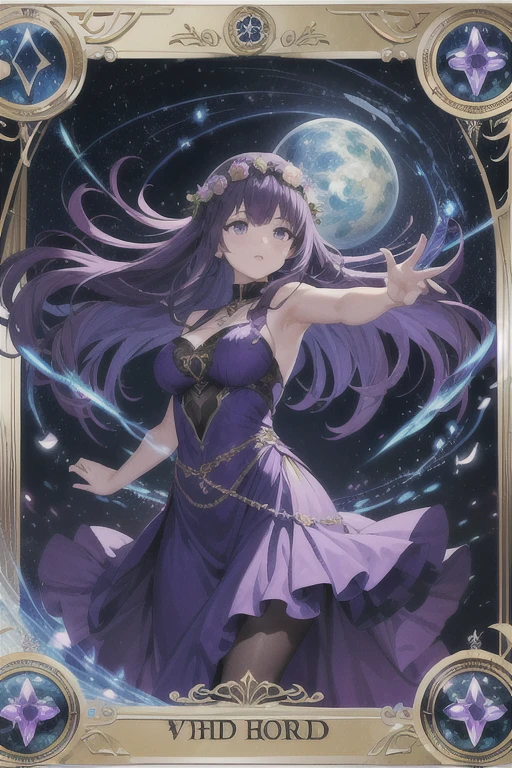 detailed back ground, work of art, best qualityer, 1 person , curly hair, long hair, purples eyes, star in the eyes , strapless blouse, longskirt