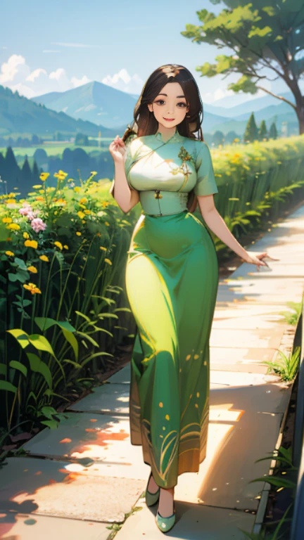 best quality,4k, highest ,masterpiece:1.5),ultra-detailed,(realistic,photo-realistic,photo-realistic:1.37),beautiful girl 24 years old, beautiful detailed eye, beautiful detailed lips, extremely detailed eyes, and face,longeyelashes,1 girl, illustration, soft lighting, vibrant color ,Boken ,romantic, dreamlike, etherealvibe, Full body Professional Photo,(Photo 4k:1.1)(Sharp Focus:1.1),High Detail, Woman in (beautiful chrysanthemum garden:1.2)Pretty Buttocks, long hair, Instagram Pattern Pose, confident, slim girl, big tits:1.2,perfect anatomy, perfect symmertry:1,2<Realistic, realistic face:1.3,perfect face, content, confident, very detailed, and dramatic, cinematic lighting, Lighting scene, soft lights graceful movement, full body photography,((masterpiece:1.5)),photoreal acmm ss outfit, wearing acmm top, light purple acmm top, short sleeves, buttons, wearing acmm long skirt, acmm outfit, wearing acmm top, olive green acmm top, long skirt, long sleeves, wearing acmm long skirt, olive green acmm long skirt ,printed skirt