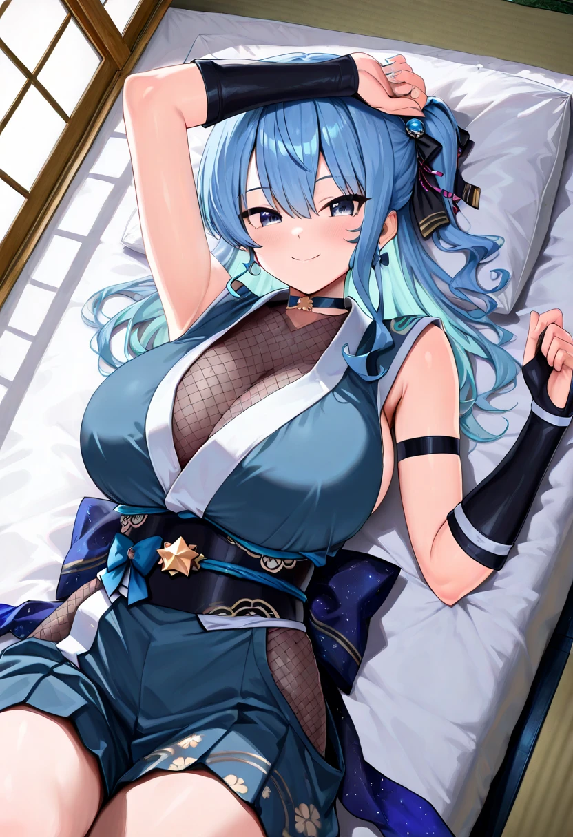beste-Qualit、1girl、Light blue hair、Longhaire、Blue eyes、Red cheeks、Small face、Shy look、White kimono dress:1.5、Floral pattern:1.4、huge tits:1.2,Shoulder out:1.3、thighs thighs thighs thighs、hotels room、On the bed、laying on back:1.6、View here、Angle from diagonally above、Background blur
