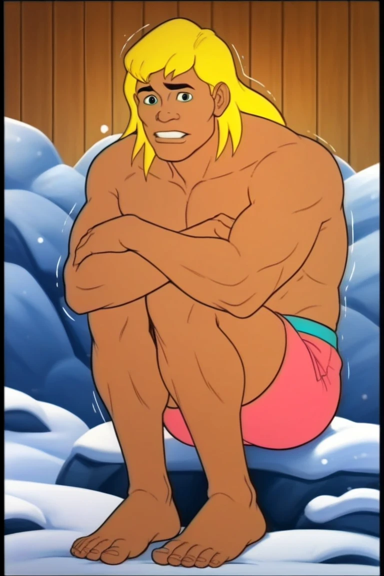 One male, shoulder length hair, tousled hair, blond hair, blue eyes, tall, slim athletic, nude body, naked, handsome face, stubble, highest quality, masterpiece, 2d, anime, handsome face, highest detail, stubble, intricate details, full body, bathroom interior, bathing, running water, solo