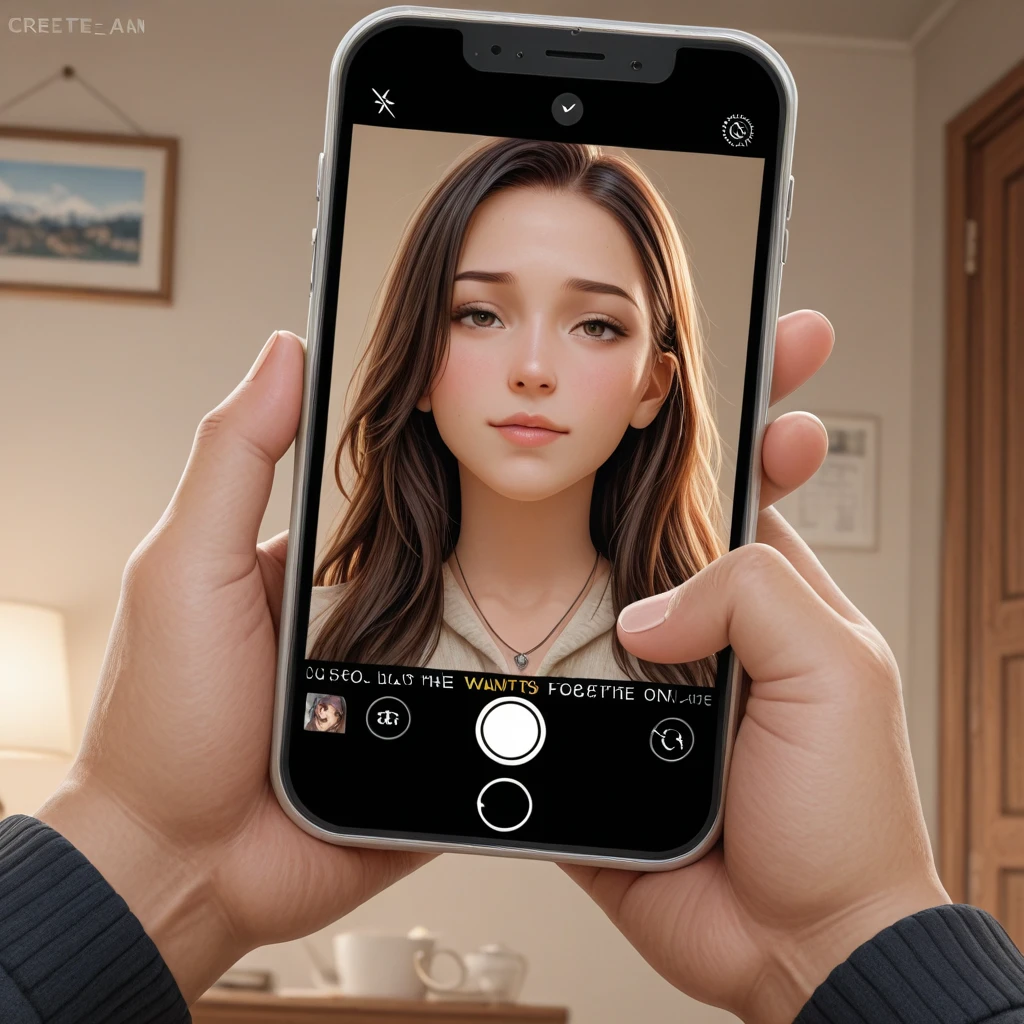 A brunette girl with long hair, Holding an iPhone 13 pro, in a room of a house, with bronze mark