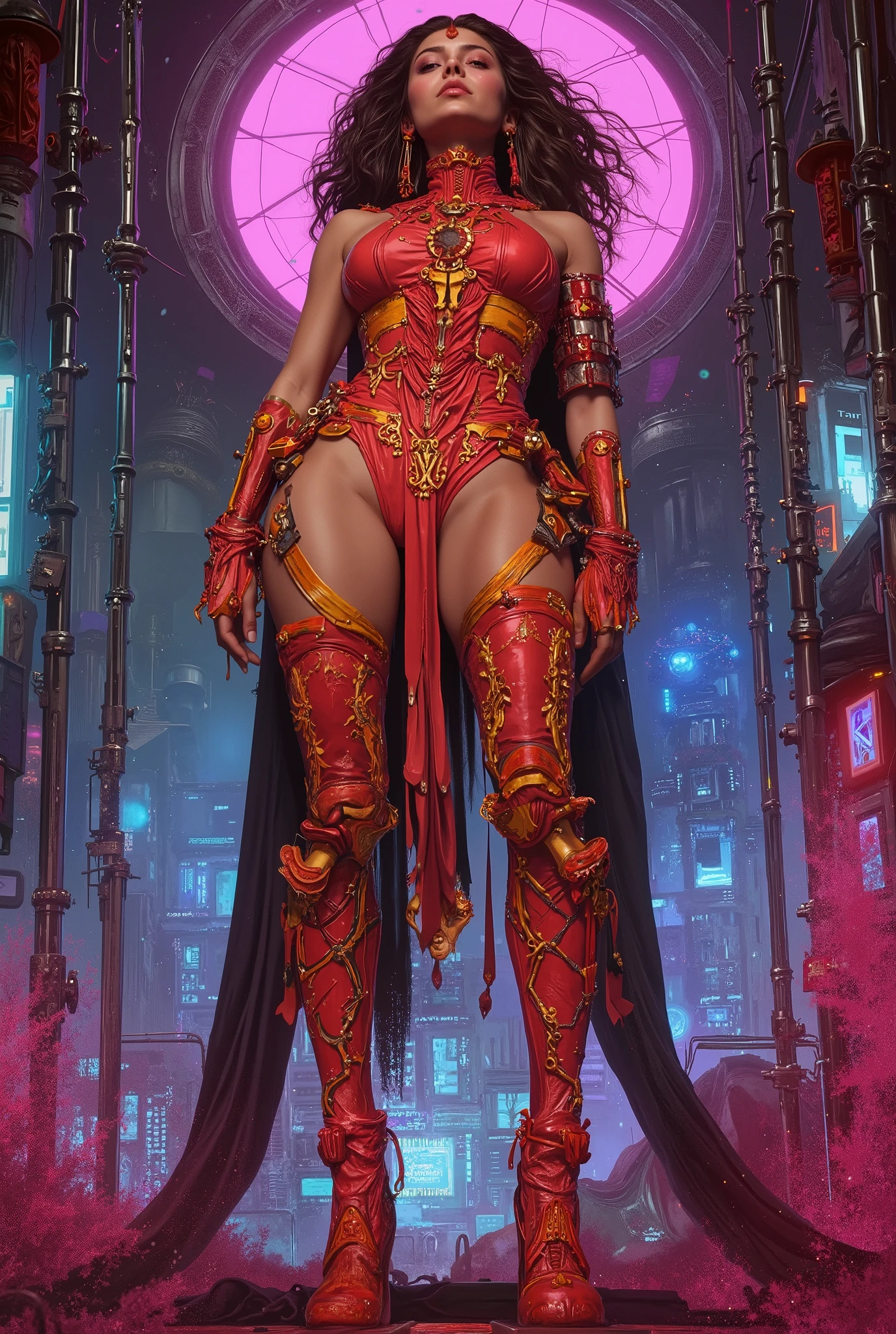 (in the style of collectible card games, centered character artwork, decorative frame:1.7), The Gathering style layout, (A stunning tall woman is posing like a fashion model:1.5), (She is an anti-hero wearing intricated desighned vivid red and iridescent orange and pale pink uniform:1.7), neon colored mechanical biomorphism, horror art, intricate details, maximalist perfect illustration, digital painting art, quantum world, place of fear, surreal,dark, ominous,nightmarish, twisted, unsettling, unnerving, otherworldly, abstract, geometric, futuristic, cyberpunk, chiaroscuro, dramatic lighting, moody atmosphere, rich colors, deep shadows, glowing elements, unsettling anomalies(best quality,4k,8k,highres,masterpiece:1.2), ultra-detailed,(realistic,photorealistic,photo-realistic:1.37), (photo taken from below:1.2),