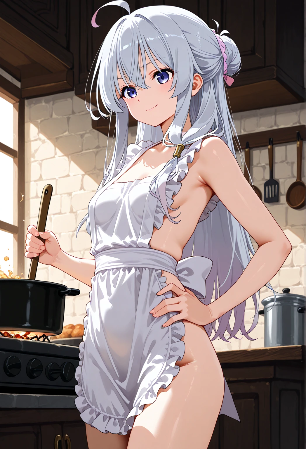 UHD, necessary, Masterpiece, anatomically correct, textured skin, super detail, Best Quality, 16k, 1080P,Alone,(1 female,perfect body,big oppai, short white hair),(blue eyes with red x-shaped pupils:1.9),(wearing a naked apron:1.7)(Transparent),(sweaty skin:1.7),(Wearing white silk stockings:1.7),(open pose:1.7),(full blush:1.7),(in the kitchen),(genshin impact/Harlequin),[face detail]
