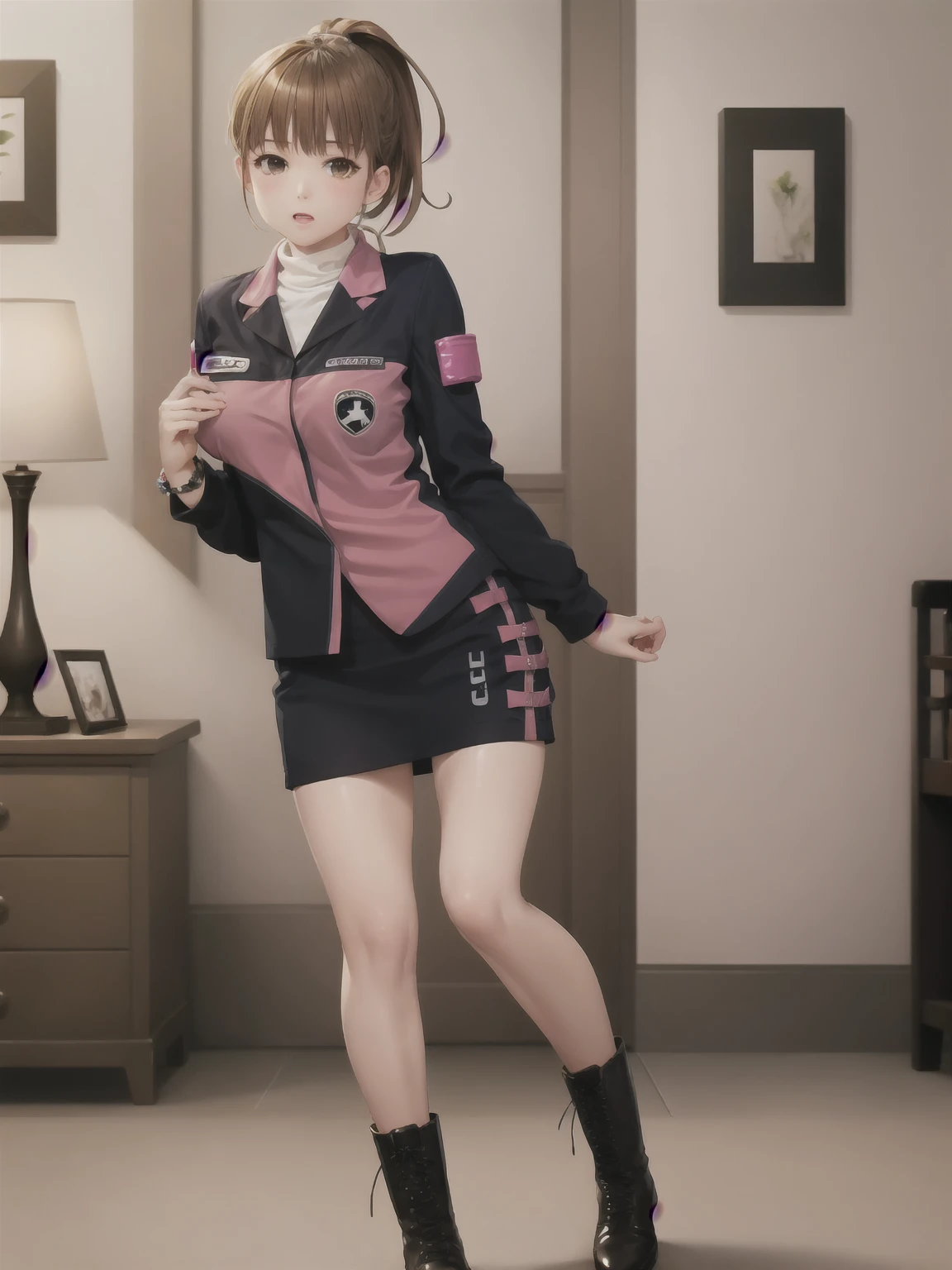 ((Best of the highest quality, 8k, Masterpiece, raw photo: 1.1)), (Sharp focus: 1.1), (1 AESPA, slim body type female, 22 y/o: 1.1), solo, Portrait Waist Up, (realistic, photo-realistic:1.37), face focus, finely small eyes, (forehead, short bob hair: 1.32), (sharp chin, droopy eyes: 1.32), (sad eyes: 1.1), (Emphasize prominent aegyo-sal with bright: 1.28), shimmering eyeshadow applied under the lower lash line, paired with thick, (small breasts, flat chest, thigh: 1.2), (short bob hair: 1.2), (fright attendant uniform, ribbon: 1.28), walking airport terminal, flower, anime