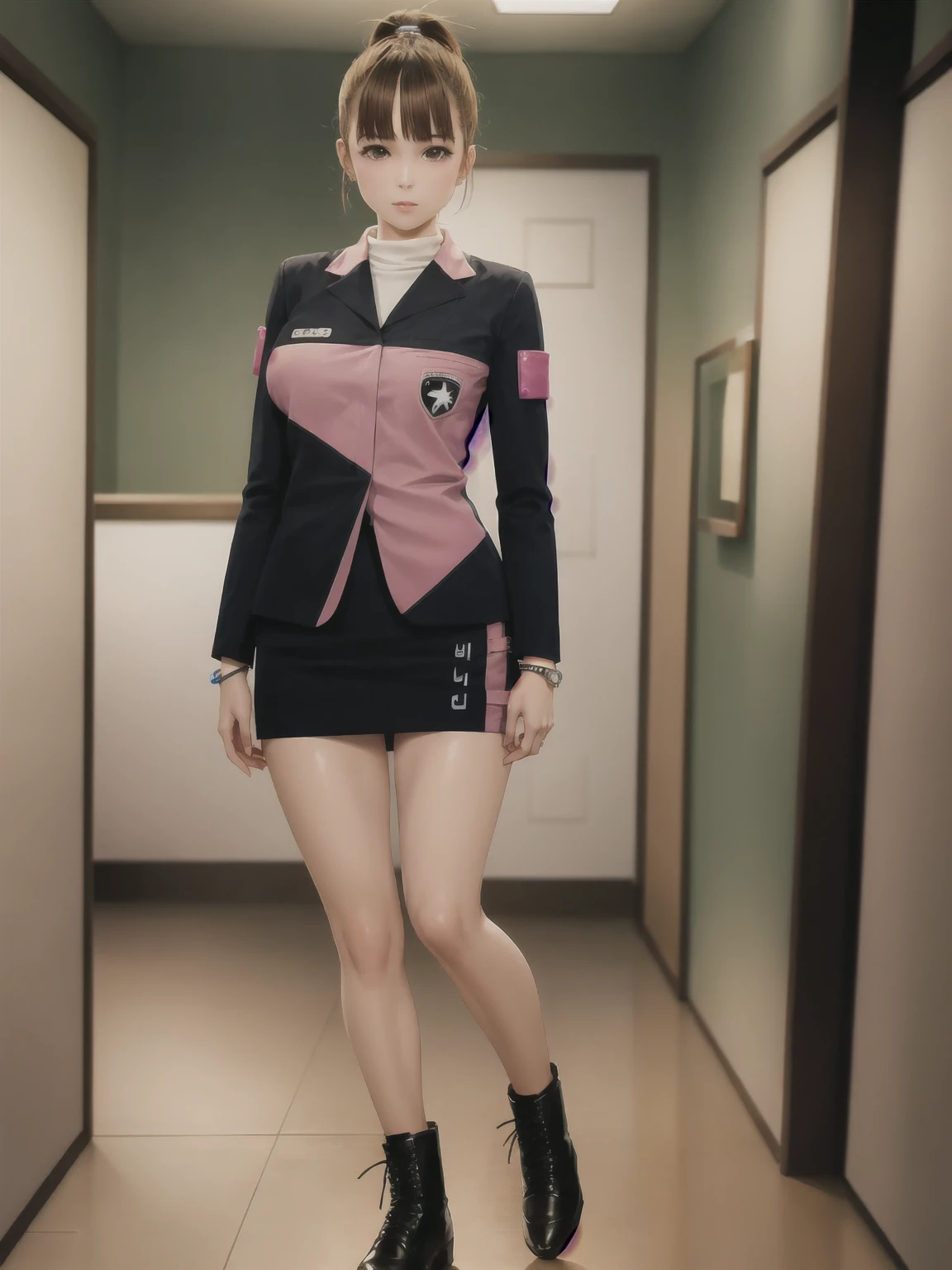 ((masterpiece,highest quality)) (Highly detailed CG), (Ray Tracing) (highest quality), Perfect Face, Big 、Shiny skin, Shiny skin, , Depth of written boundary,Wide Hips, Tight waist,  Umeko, Brown Hair, skirt, ponytail, Jacket, boots, pencil skirt, uniform, Brown eyes, Long sleeve, short hair, Black footwear, star (symbol), blush, bangs, Armband,rooftop