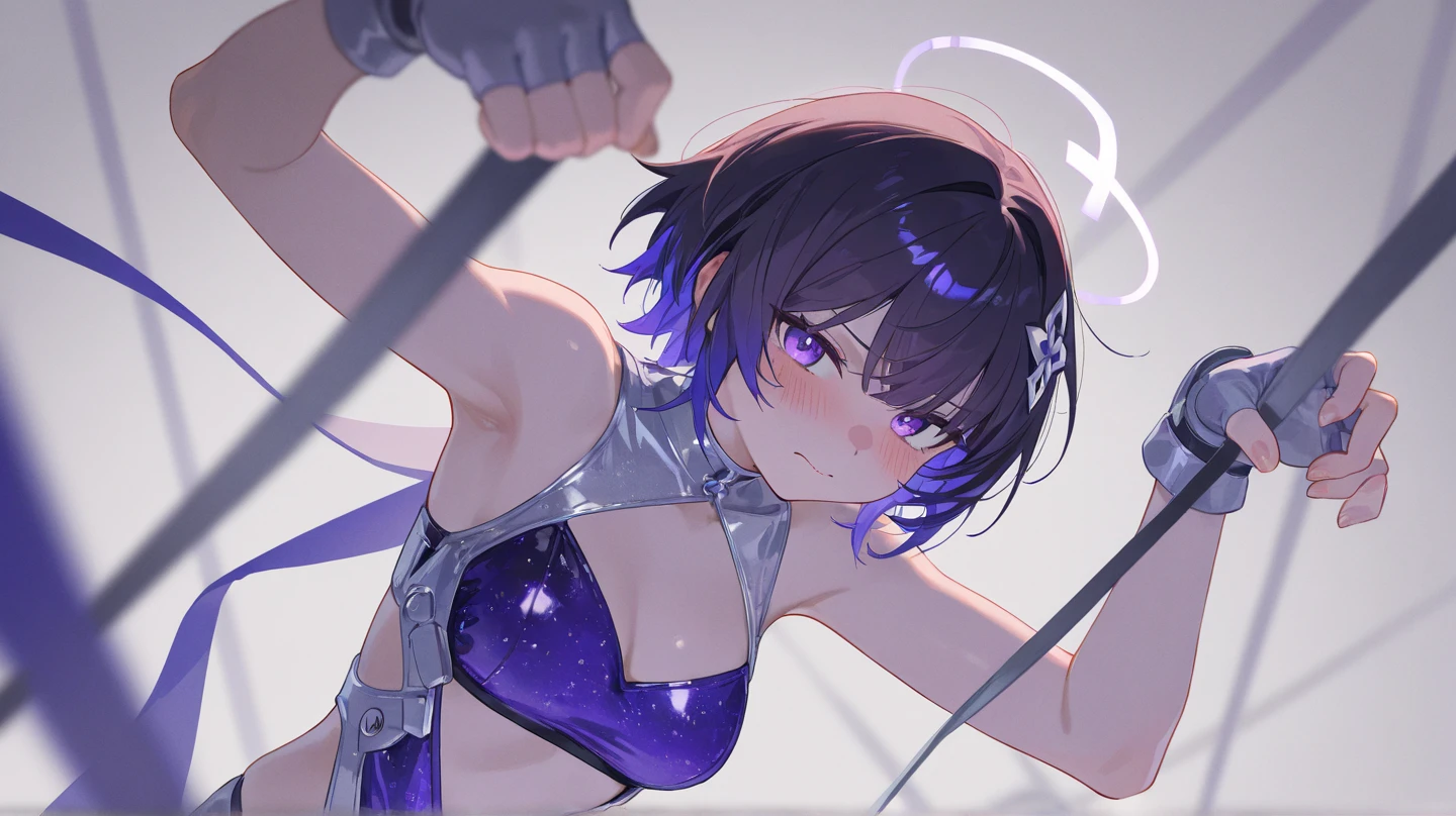 A back hair girl is holding a short staff. With lovely lip and eyes