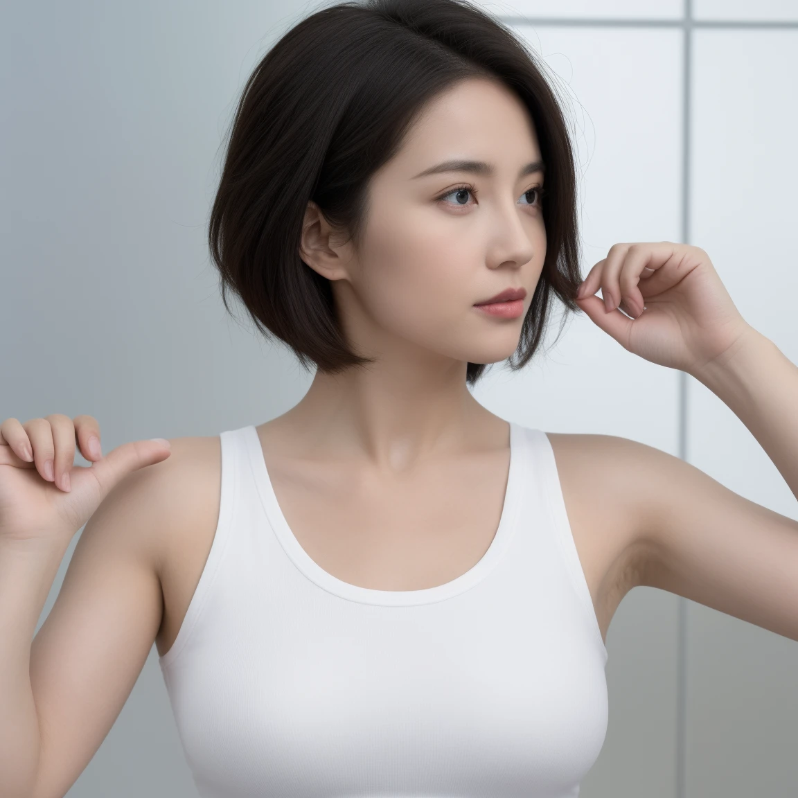 (Best Quality, 8K, 32k, Masterpiece, nffsw:1.2), Cute Japanese woman, Short hair, Upper body, Lustrous hair and skin, (Lighted hair and skin), Relaxed face, Closed eyes, (Eyes closed), Taken from above, Don't'don't viewer, (Realistic, (Realistic Photorealistic:1. 37), One girl, Shot in natural light, Physically based rendering, Excellent image quality, High resolution, 1080p, (Detailed facial rendering), (Detailed hand rendering), (Detailed CG), Rich detail, (Exquisite features), (Superb image quality), (Masterpiece), (Fine eyes), Delicate collarbones, Versatile poses profile, white wall, shot in front of white wall, relaxed smile, (relaxed), white tank top, short cut, ((white tank top))