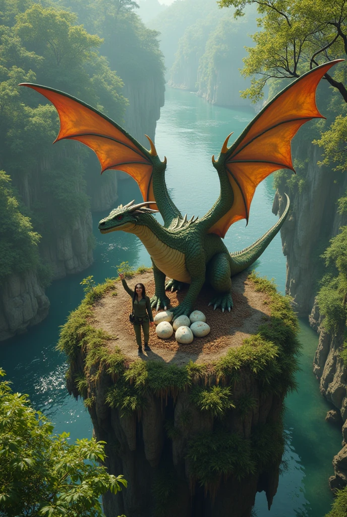 Green scaled reptilian in tribal costume, rides on the back of a large, featherless, long-beaked pterodactyl reptile .she flies over the sea