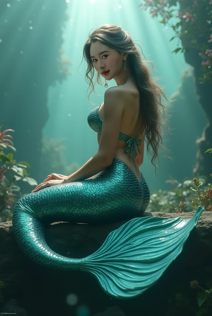 A radiant woman with a charming smile and sparkling eyes is posing as a sexy mermaid in a full body shot. She's wearing a shimmering mermaid tail and bikini top, surrounded by a beautiful underwater setting. It's a daytime scene with a mystical, enchanting mood. The lighting is soft and magical, creating a dreamy atmosphere. (solo), (look back pose: 1.5), (mermaid pose: 1.4), (mermaid outfit: 1.5), (perfect anatomy: 1.3), (daytime: 1.3), (mystical enchanting mood: 1.5), (soft magical lighting: 1.4), (fantasy style: 1.3), (vivid colors: 1.2), (cinematic composition: 1.3), (professional photography: 1.4), (high detail: 1.5), (NSFW: 1.3).