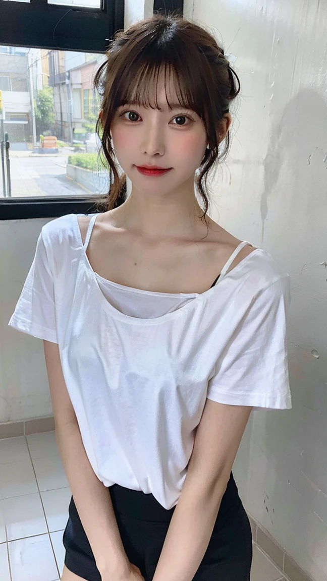 Beautiful woman with perfect figure:1.4,Ultra-high resolution,Blink,White background,(lifelike:1.4),Layered Hairstyle,Lovely smile,White skin,Bikini:1.5,Super short pleated skirt,whole body,Very delicate face and skin texture,Double eyelids,Skin Whitening,short hair,White hair