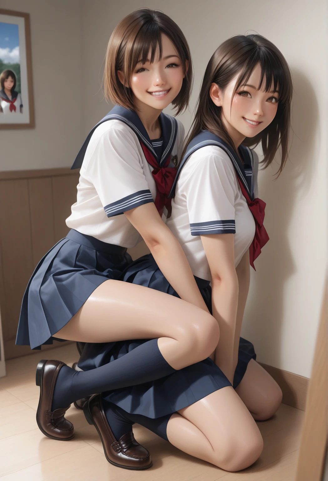 8K, RAW portrait (japanese woman),masterpiece、Photoreal:1.3、realistic, ultra high resolution, highest quality, real life photos ,( in the evening :1.1),
((((2 girls:1.5)))), (((Lying on your back:1.5)))、(cute face:1.3)、日本の2 girls,((2 Japanese high school girls))、((2 real high school girls))、((Japanese high school uniform:1.6))、 blonde,slender body,、in the room、
big, beautiful, fine eyes, black hair,(Depth of written boundary:1.3)、 ((dark brown eyes:1.2))、(realistic skin texture:1.3)、(Immersive atmosphere:0.8、chiaroscuro:1.2) 、(show viewer:1.3)、((smile:1.3))、((from belowの天井:1.2))、((wearing very small silk panties))、((panty shot))、((woman rolling up her skirt))、((from below:1.15))、((close-up of crotch:1.52))、((panty shot))、((spread your legs to the side:1.4))