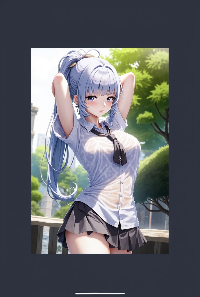 Masterpiece, Best Quality, Official Art, (Highly Detailed CG Unity 8k wallpaper), Detailed background, (Hands by Guido Daniele: 1.1), Feet out of frame, First Person View, 1, Attractive and Perfect Beautiful Woman, Schoolgirl, JK, Schoolgirl Uniform, Spring, Cherry Blossom, Wind Blowing, (Show ass, butt sticks out, flipping skirt, panties visible, gaze from diagonal down))), ( curvaceous, (white thighs: 1.12), (blue long hair: 1.12), (ahoge: 1.13), (high ponytail: 1.12), (green eyes: 1.13), looking at the beholder, big, (cleavage), beautiful face, (blush: 1.11), (smile: 1.11)