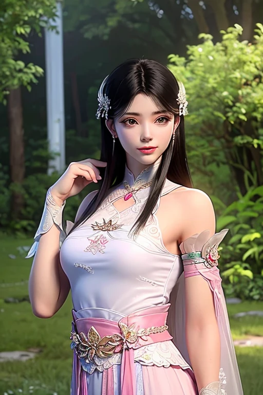 "1 beautiful girl wearing traditional costume, long thin red and white silk dress meticulously sewn, low-cut shirt, low slit, long black hair and bangs, most detailed and beautiful hair jewelry, mold most beautiful and flawless face, ((black eye pupils:0.8)), very beautiful eyes, big round eyes, ((red brown eyes:1.6)), beautiful and detailed makeup eyelashes, nose tall, earrings, small red lips, rosy face, clean face, flawless beautiful face, smooth white skin, ((large breasts: 0.9)), Blums breasts, ((chest big and super round: 0.9)), ((super tight breasts: 1.2)), ((breast augmentation: 0.8)), beautiful breasts, slim and petite body, ((thin waist: 0, 9)), upper body of a beautiful girl, sexy girl, fishnet stockings color coordinated according to outfit, 8k photo, super high quality, surreal, 10x super pixels, realistic photo, dark studio, background bright, two-tone light, (high detail skin: 1.2), 8k uhd, soft light, high quality, volumetric light, realistic, High resolution photo, light, best photo, quality 4k, 8k, smooth and sharp, increased pixels by 10 times, super graphics, most realistic graphics, (((outdoor red flower background: 1.5))), 1 girl, alone, solo, ((portrait direct:1.2)), Extremely sharp, super realistic images."