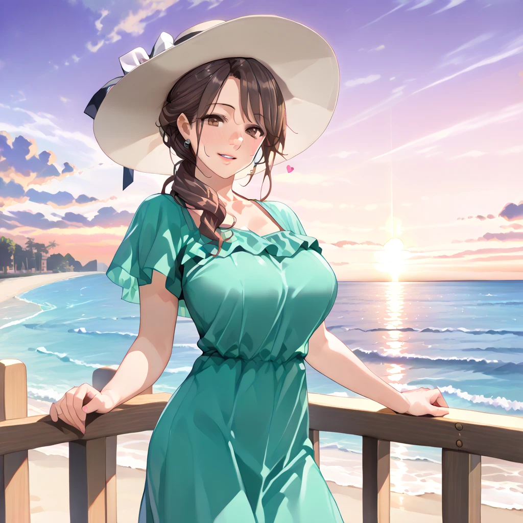 (Highest quality), (masterpiece), happy, 1 girl, Early 20s, 重くて垂れ下がったBig Breasts, Big Breasts, thick, thick lips, Wide Hips, She is wearing a blue sundress with a floral pattern, Walking on the beach