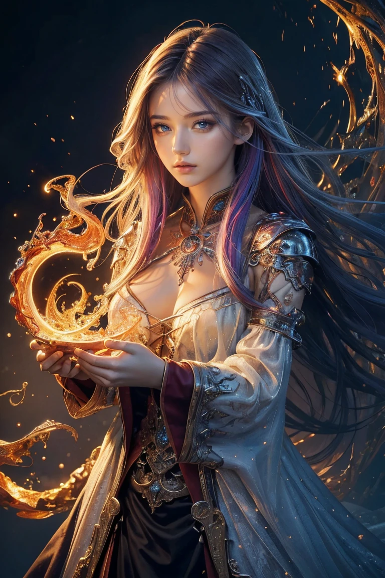 (masterpiece, Highest quality, Highest quality, Official Art, beautifully、aesthetic:1.2), (One girl), extreme detailed,(Abstract, Fractal Art:1.3),Colorful Hair,highest detailed, detailed_eye, fire, water, ice, Lightning, Light_particle, Ghost