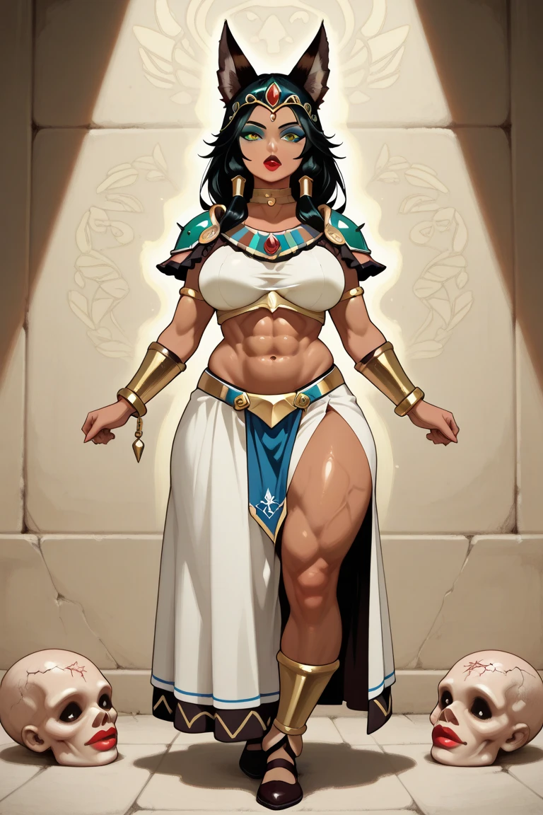 ((masterpiece)),(((best quality))),((character design sheet)), ((full body view)) ((mummy girl)) mature face, defined cheekbones, high cheekbones, illustration, bandaged girl, muscular, ((bandage:1.4)), sexy bimbo, (gigantic breasts:1.7) black hair, ((detailed face:1.4)) beautiful woman, (egyptian:1.4) (blue skin:1.3) , shiny skin, scribbles and marks,(puffy lips:1.4) , rough sketches, pose, 8k,16k, (simple background, white background: 1.3) beige color palette, brown legs, brown arms, brown face