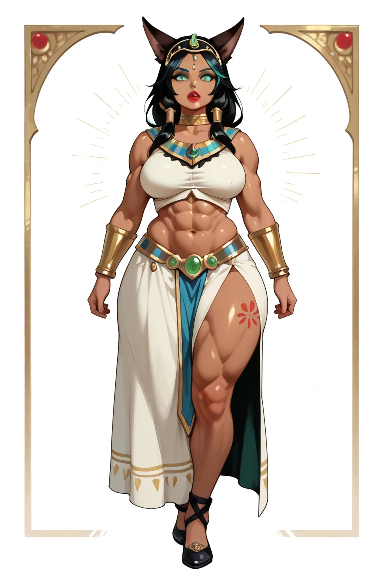 ((side profile)), ((full body view:1.4)), ((masterpiece)),(((best quality))), ((egyptian empress, mature face)), ((middle eastern eyes:1.4)), ((golden gown)), (((septum piercing)), defined cheekbones, high cheekbones, illustration, ((muscular:1.3)), ((gold:1.4)), sexy bimbo, (gigantic breasts:1.7) ((long Egyptian headpiece)), black hair, ((detailed face:1.4)) beautiful woman, (egyptian:1.4), colored skin, (black skin:1.4) , (red lipstick:1.4), shiny skin, ((skindentation)), scribbles and marks,(puffy lips:1.4) ,  (temple: 1.5), ( at night: 1.5), rough sketches, pose, 8k,16k, ( background, white background: 1.3) ((warm color palette)), ((future model aesthetic))