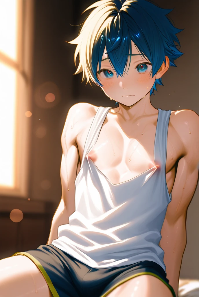 (shota:1.5), (baggy white tank top:1.5), (blue panties:1.3), (bulge:1.6), (claw pose:1.4), wind blowing, (((best quality))), (((masterpiece))), (((ultra detailed))), (skinny:1.3), (spiked hair), (wind blowing), ((light blue hair)), wine red eyes, raised arms, ((smiling)), (open mouth), ((earrings)), blue sky, grass, (choker on neck), armpits, sweaty skin, ((wet clothes)), nipple, center,