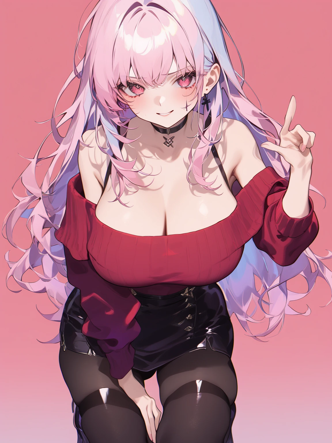 A girl with a slim body , big breasts and very big hips, some muscles in the abdomen, rectangular eyes, red eyes ,green pupils ,detailed eyes,salmon pink hair , hair dyed underneath with a soft aqua green , ((beige sweater))、neckline、Shoulderless、Strapless, Sideboob , black latex skirt , her facial expression is shy , he is alone