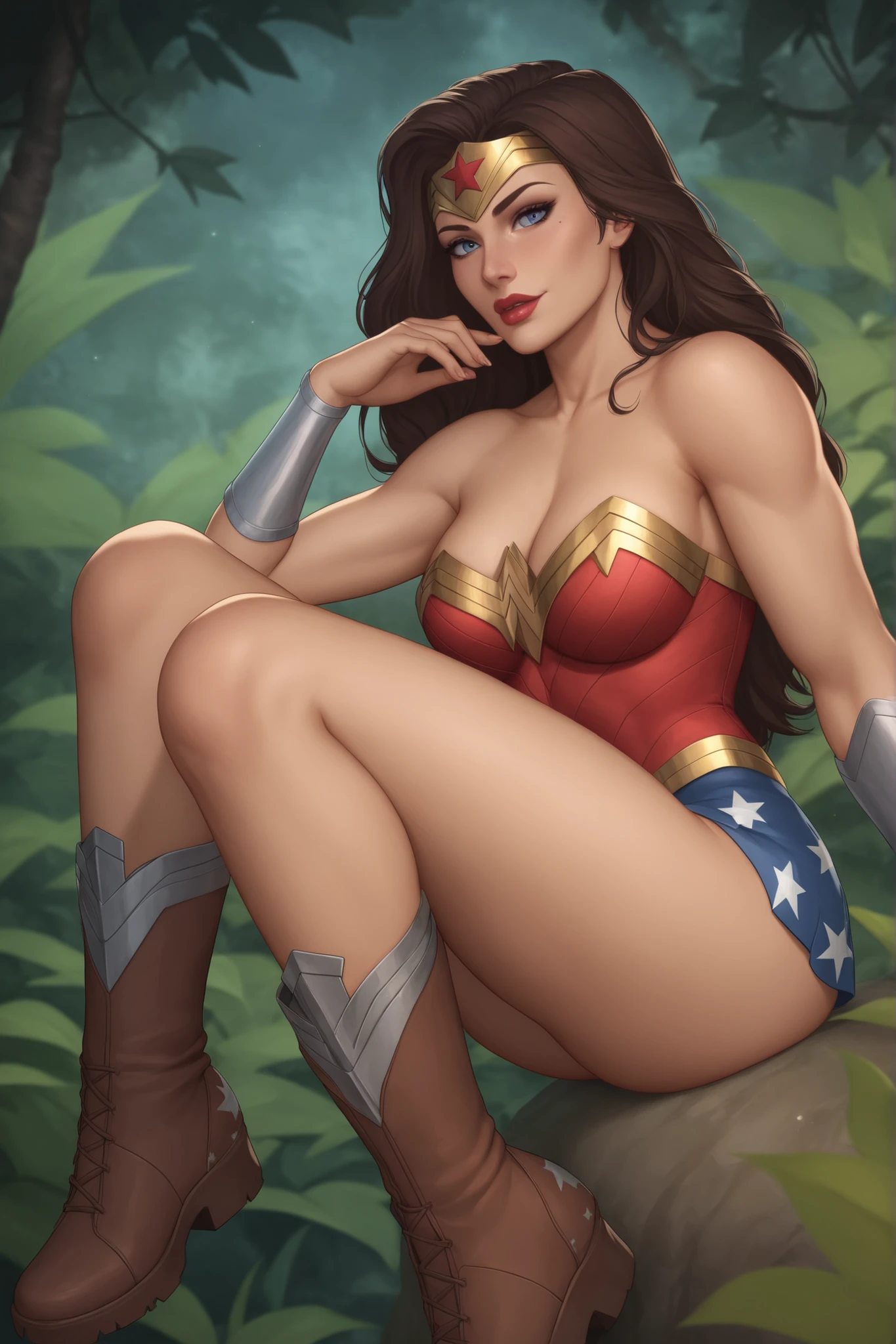 Artgerm, highly detailed Artgerm, Wonder Woman, Artgerm cartoons, Artgerm style, Zenescope, graphic artist Artgerm, sexy drawings by Gal Gadot, Artgerm Detailed, Alena aenami and Artgerm, Arafed woman in wonder costume lying on a rock, as seen in the portrait of Wonder Woman, 1girl, single, solo, from side, wide-angle, Wonder Woman, (intricate details, makeup), (delicate and beautiful delicate face, delicate and beautiful delicate eyes, face with perfect proportions),  (delicate and radiant skin: 1.2), delicate skin, delicate skin, best ratio four fingers and one thumb, arms below chest, strong and realistic blue eyes, realistic black hair, lips, makeup, natural skin texture, tiara, leotard, bulletproof cuffs, red boots, gold belt, (public clothing: 1.5), slightly sunburned skin tone, mature, sexy, elastic muscles, (muscles: 1.2), ((strong and healthy body)), ((more) muscles))), wide hips,  thick thighs, long legs, curves, (big breasts: 1.2), thin waist, soft waist, (delicate skin), (beautiful and sexy woman), (swollen lips: 0.9), (eyelashes: 1.2), very delicate muscle definition, (epic realist:1,1), detailed, cinematic, hyper-realistic, ((intricate details)), detailed eyes, HDR, ((intricate details, hyperdetailed)), digital painting, specular light, subsurface scattering, high and long field of wildflowers, sun setting on the horizon of the field,
