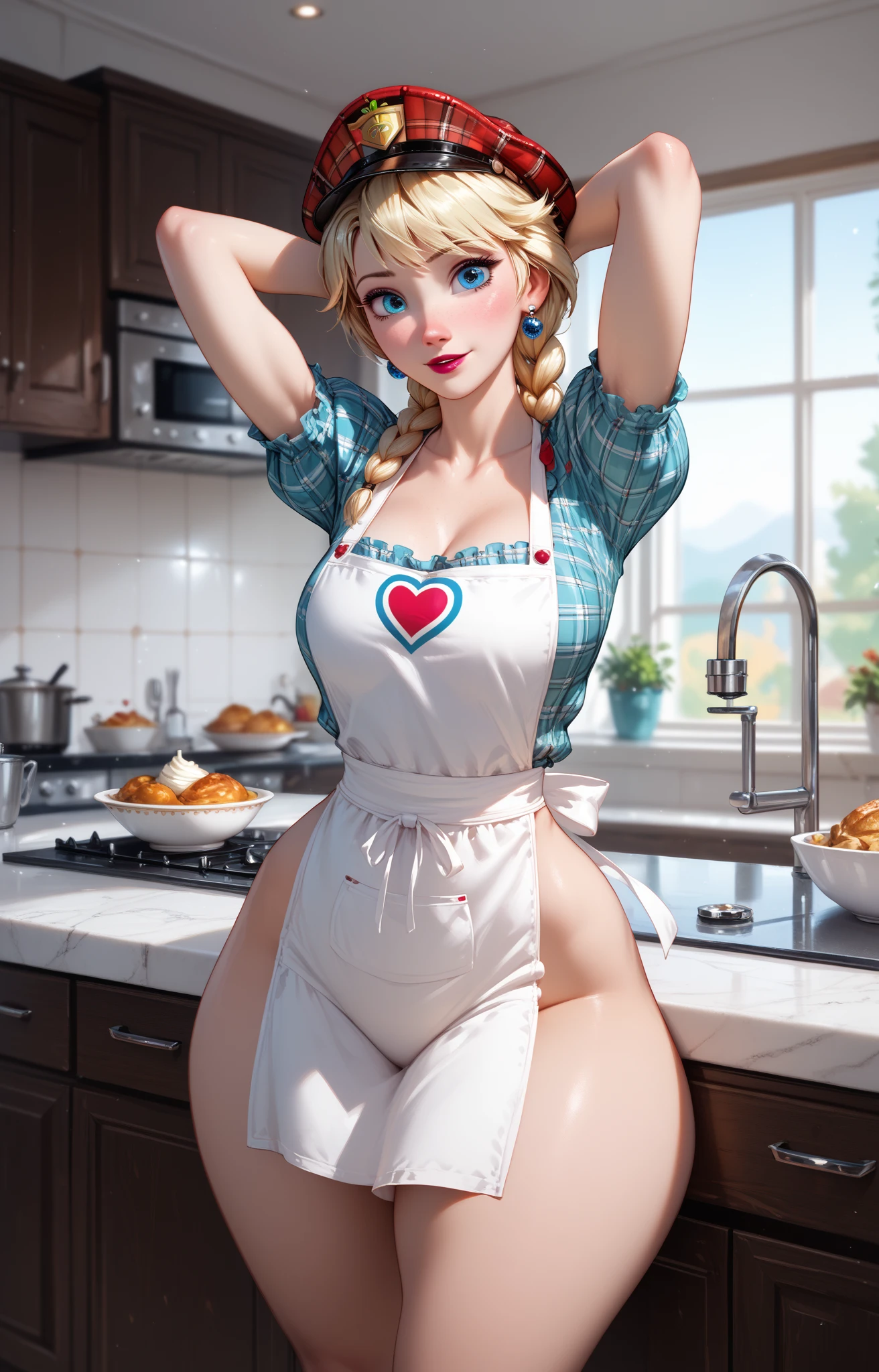 Mom with huge breasts cooking for her children with a very provocative lace bra