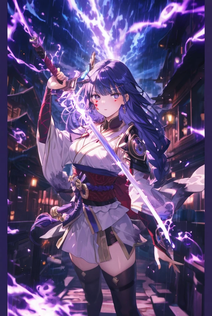 Create a breathtaking artwork capturing the enigmatic beauty and power of the character Raiden Shogun from Genshin Impact. Portray her standing atop the divine lightning, her ceremonial attire flowing majestically as she wields her polearm 'Musou Shinsetsu.' The backdrop should showcase the ephemeral splendor of the Inazuma landscape, with thunderstorms illuminating the horizon and the emblematic Shogun's palace faintly visible in the distance. Let the artwork evoke a sense of both reverence and mystery, capturing the essence of Raiden Shogun's character in all its glory, lightning sword, lightning aura.