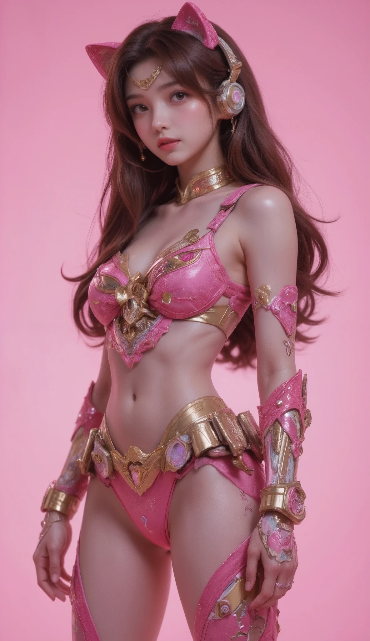 cute girly robot sailormoon, brown long hair, colorful flower golden pattern on pink body, headset ear cat's, armed with heavy weapons on body, kawaii mood, Joints and gaps glowing pink. Riding the cheetah.hardcore machine. newest anime style,cute pop simple background.vivid color.punk accessories