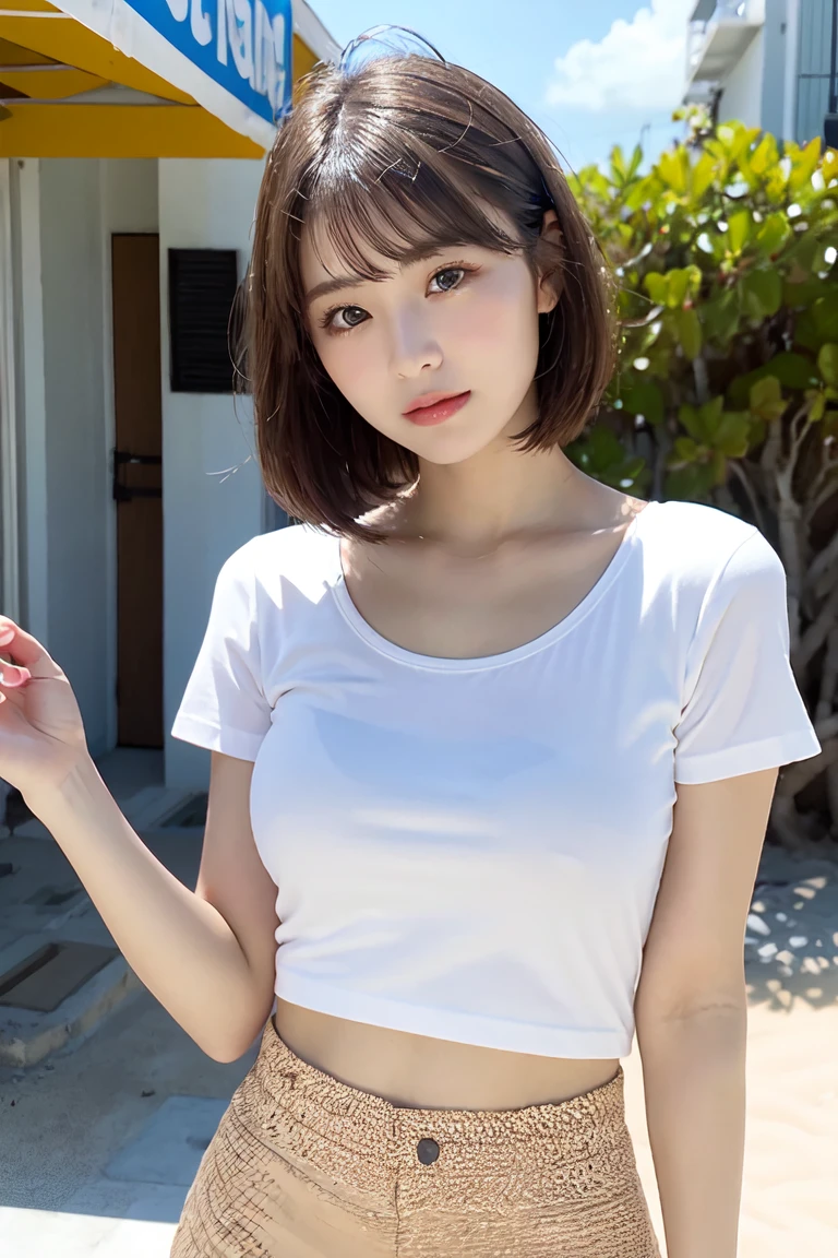 ((masterpiece)),(best quality,top quality,8k),amateur light,amateur picture,(ultra realistic poros:1.2),close up,detailed eyes and face,(raw photo:1.0),1girl,cute japanese girl wearing pink sleeveless shirt taking selfie,no make up,natural face,short hair,small boobs,huge chest,photorealism,20 years old,street