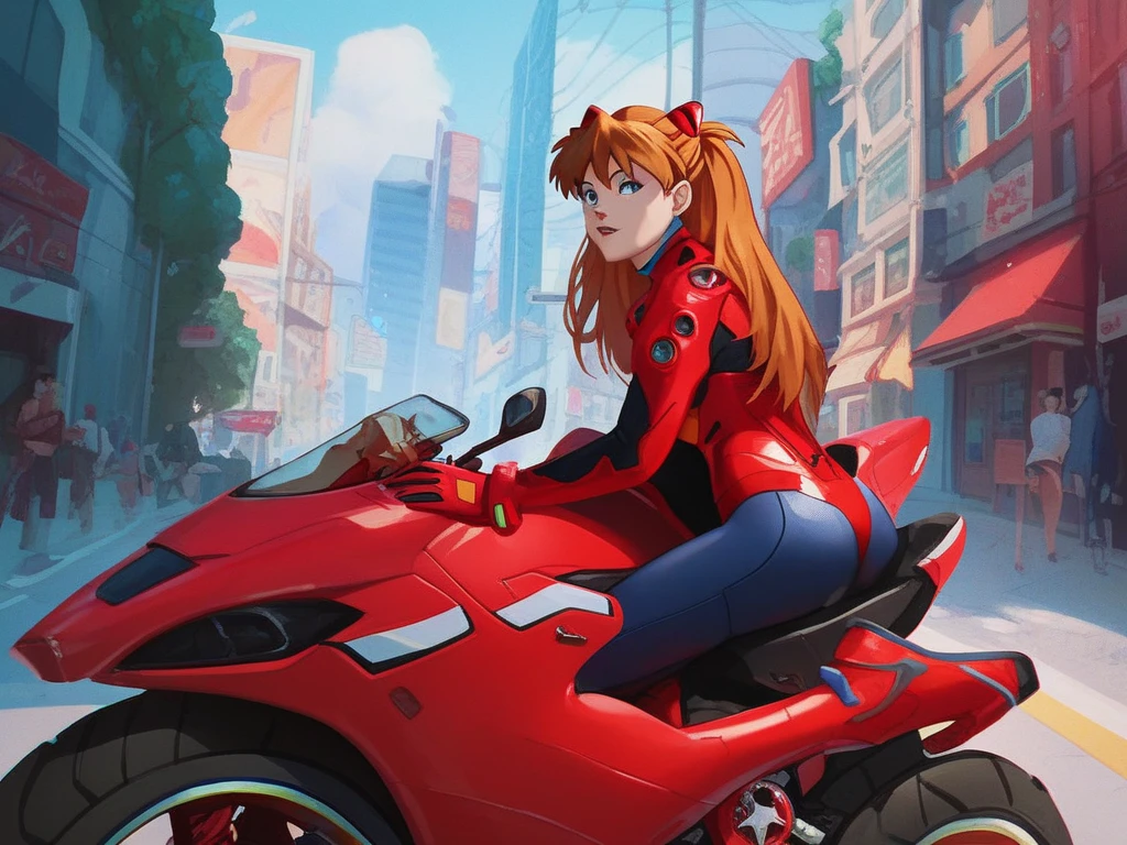 score_9, score_8_up, score_7_up, source_anime, akiraposter, logo, character name, from above, from behind, solo, 1girl, souryuu asuka langley, neon genesis evangelion, twintails, red bodysuit, red gloves, ground vehicle, motorcycle <lora:concept_akiraposter_ponyXL:1>