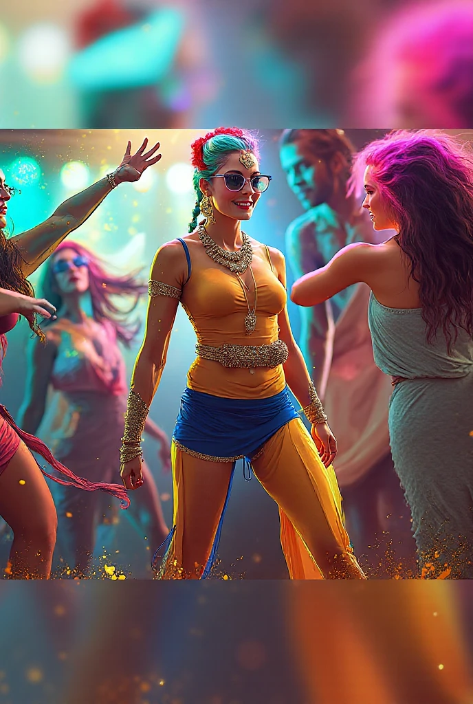 Crowd of arabic dancers twerking hard in a locked garage converted into a sex club wearing red print belly dancing long wide pants and high heels, club is dark except for red neon lights, hijab, full makeup