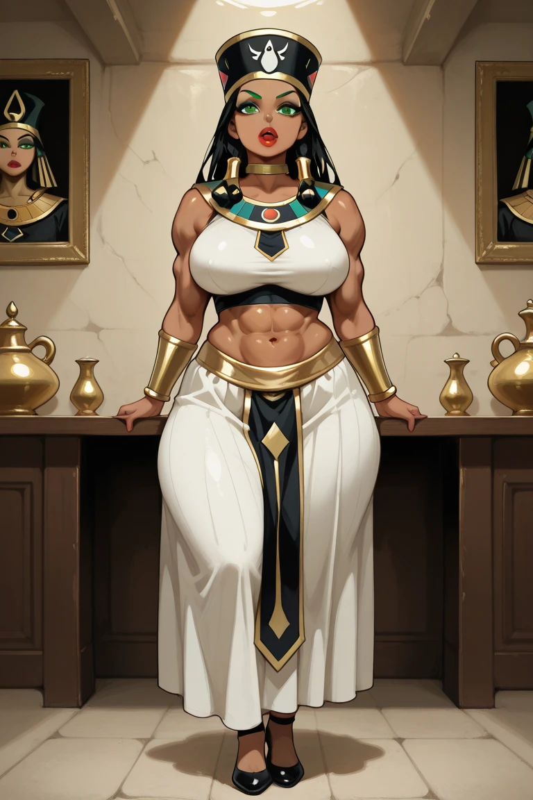 ((masterpiece)),(((best quality))),((character design sheet)), ((full body view)) ((Egyptian queen) mature face, ((Nemes:1.4)), defined cheekbones, high cheekbones, illustration,  muscular, ((gold:1.4)), sexy bimbo, (gigantic breasts:1.7) black hair, ((detailed face:1.4)) beautiful woman, (Egyptian:1.4) (((black skin:1.4))) , (red lipstick:1.4), shiny skin, scribbles and marks,(puffy lips:1.4) , rough sketches, pose, 8k,16k, (simple background, white background: 1.3) beige color palette, black legs, black arms, ((brown face))