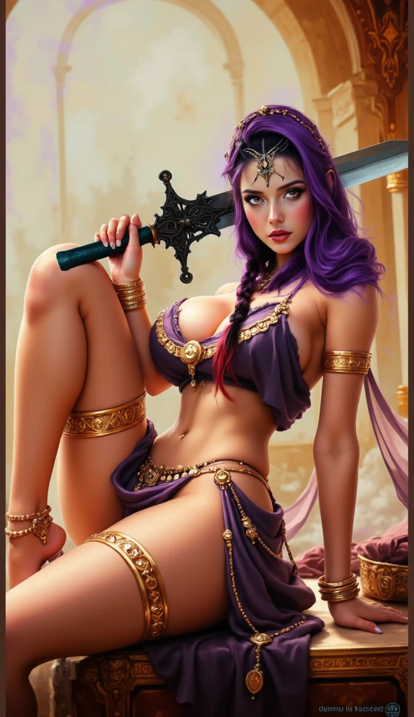 busty and sexy girl, Tribal girl, feather headdress 8k, masterpiece, ultra-realistic, best quality, high resolution, high definition, vibrant colors, featuring a youthful appearance and fantasy elements. The character should have large expressive eyes, pink hair adorned with flowers and ribbons, and wear a detailed costume with multiple layers, including ruffles, bows, and jewels. The outfit should incorporate bright shades of pink and purple with gold accents, epic, fine art, shabby chic, boho gypsy, bohemian, gothic, rococco, marquise,lady, delicate portrait, dark fantasy, klimt and mucha,